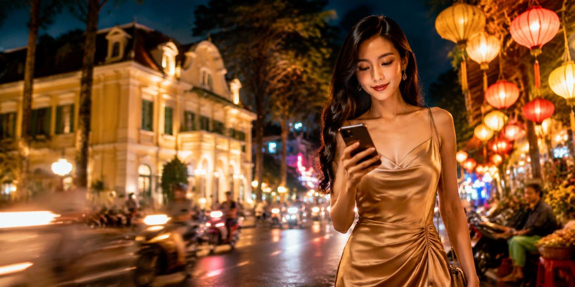 Người dùng tại chợ đêm Đà Lạt mở ứng dụng 451 trên điện thoại di động buổi tối